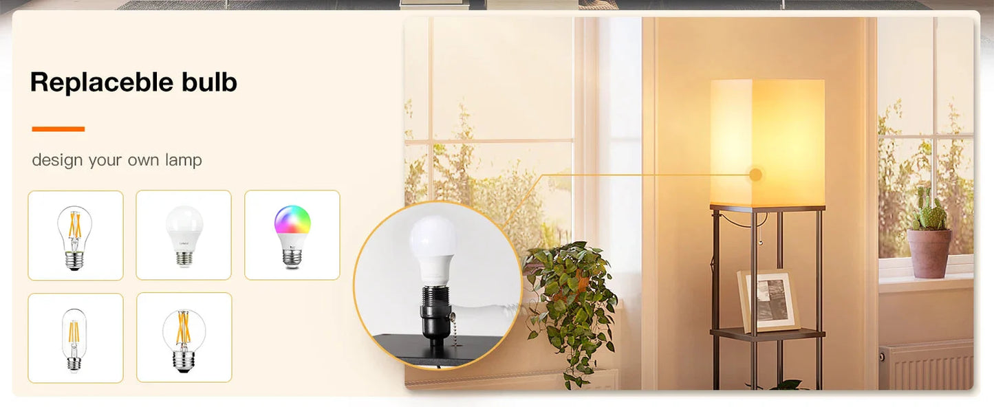 Modern Shelf Floor Lamp with Shade and LED Bulb Corner Display Lamps Shelves for Living Room Bedroom Office Black
