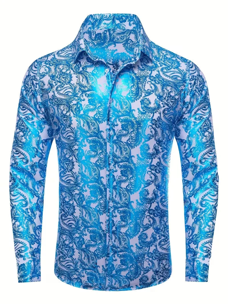 Luxury Floral Leopard Print Button-Down Shirt - Long Sleeve Paisley Business Casual Top