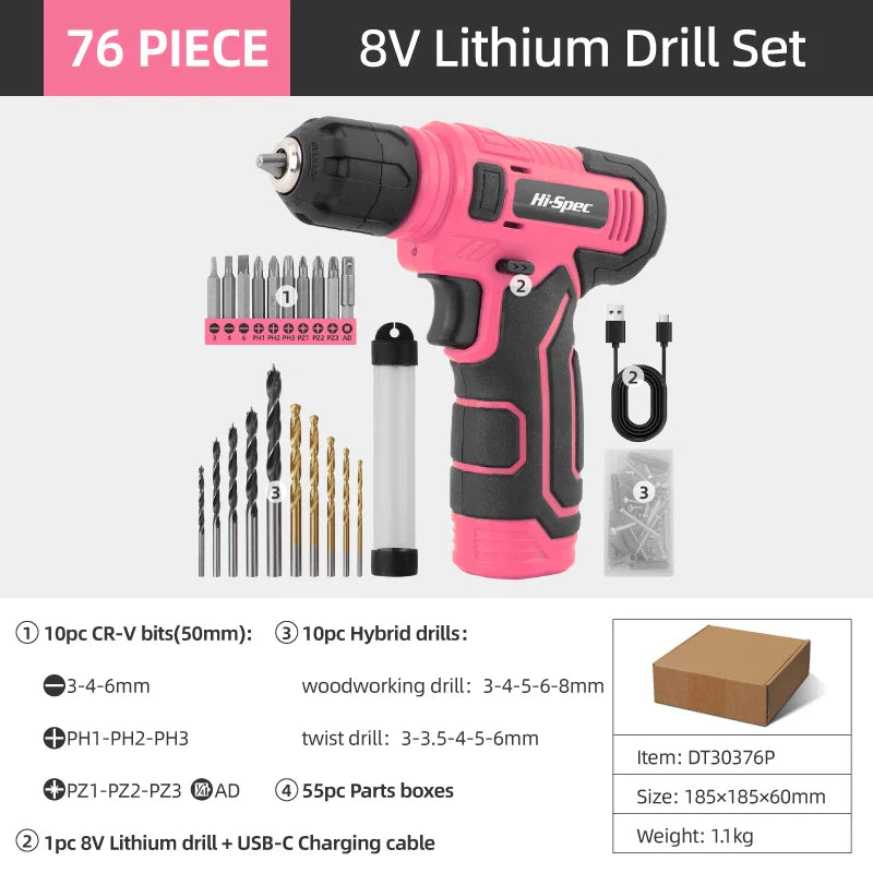 Hi-Spec 92-Piece Pink Home Tool Box Set, Multi-Function Hand Repair Kit with Hammer Cordless Power Drill Combo for Household DIY
