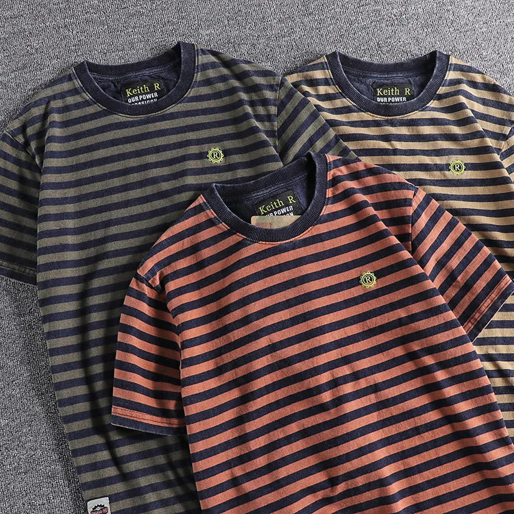 High Quality 100% Cotton Striped T Shirts for Men Summer Short Sleeve Distressed Washed Tees 24ss Y2k Youth Male Streetwear Tops