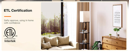 Modern Shelf Floor Lamp with Shade and LED Bulb Corner Display Lamps Shelves for Living Room Bedroom Office Black