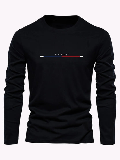 Men's 100% pure cotton summer loose comfortable casual  PARIS print large round neck long sleeve T-shirt top
