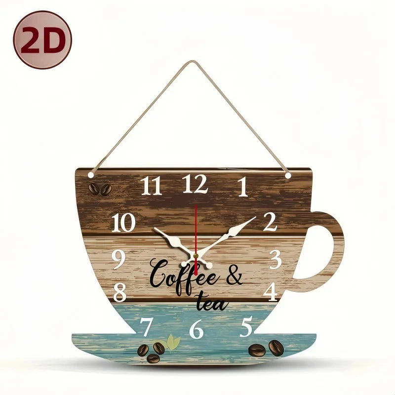 Coffee Cup Shaped Wooden Silent Hanging Wall Clock,Wood Grain Design Suitable For Living Room,Study Room,Bedroom,Home Decoration