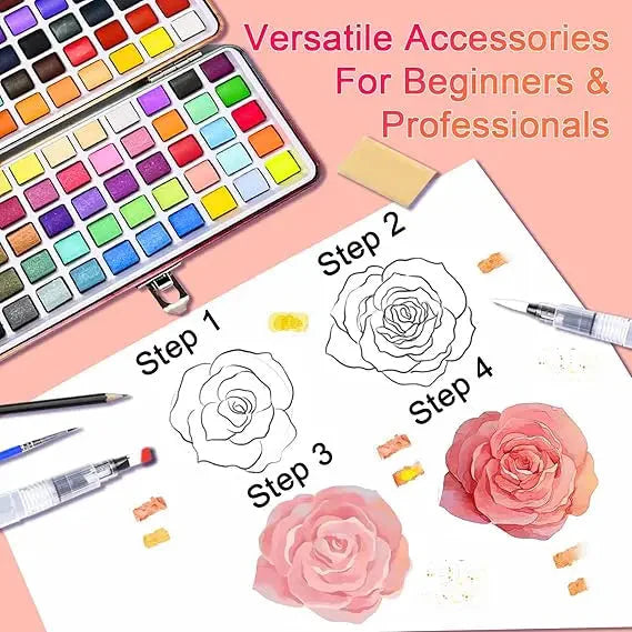 The 50/72/90/100/128/168 watercolor paint set includes a palette, brushes, drawing pens, professional painting supplies