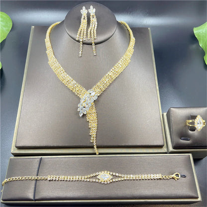 Fashion Crystal Bridal Jewelry Sets Silver Color Geometric Choker Necklace Earrings Bracelet Ring Four-piece Wedding Jewelry Set