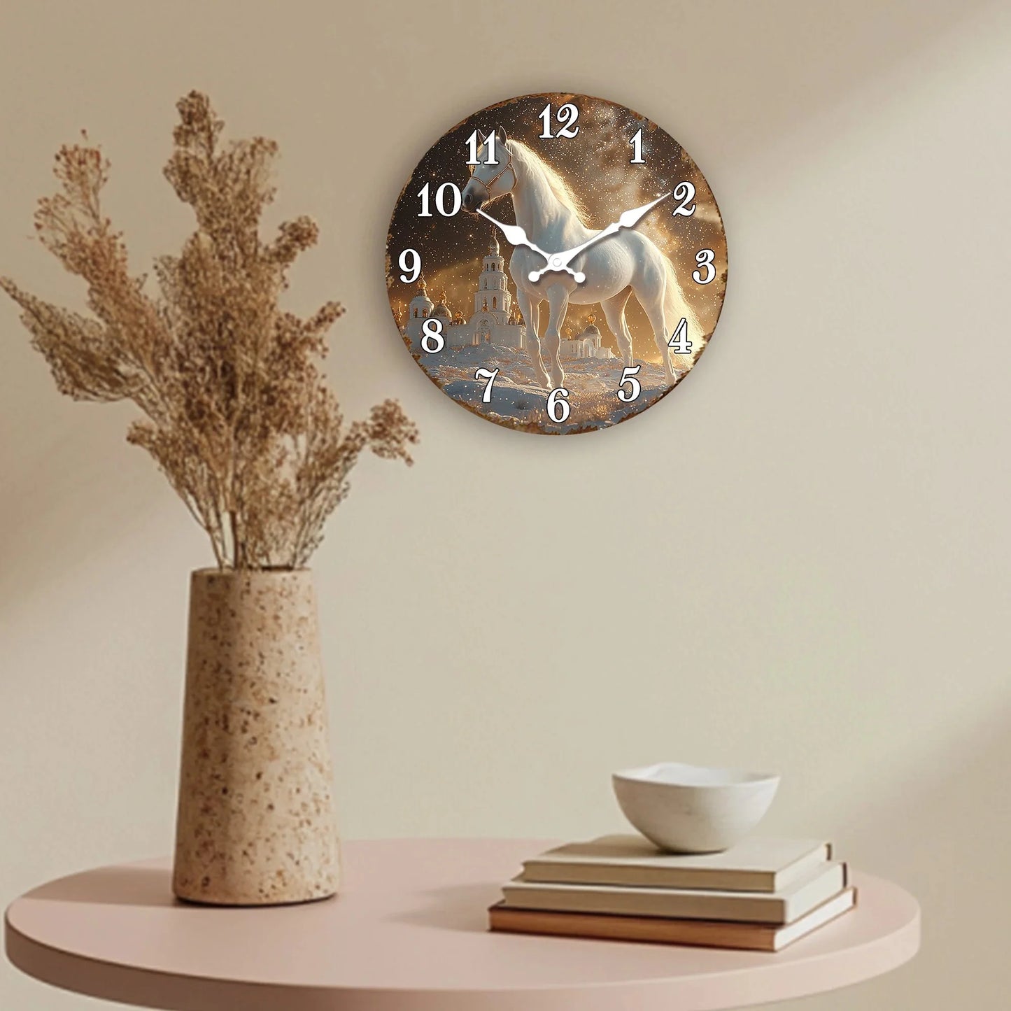White Horse in Snowy Landscape Round Wall Clock, Ethereal Equine Art Decorative Clock, Dreamy Winter Scene Timepiece for Wall Ar