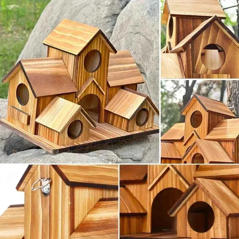 Decorative Wooden Bird House Outdoor Garden Hanging Feeder Villa Nest Natural Solid Wood Waterproof Shelter for Wild Birds