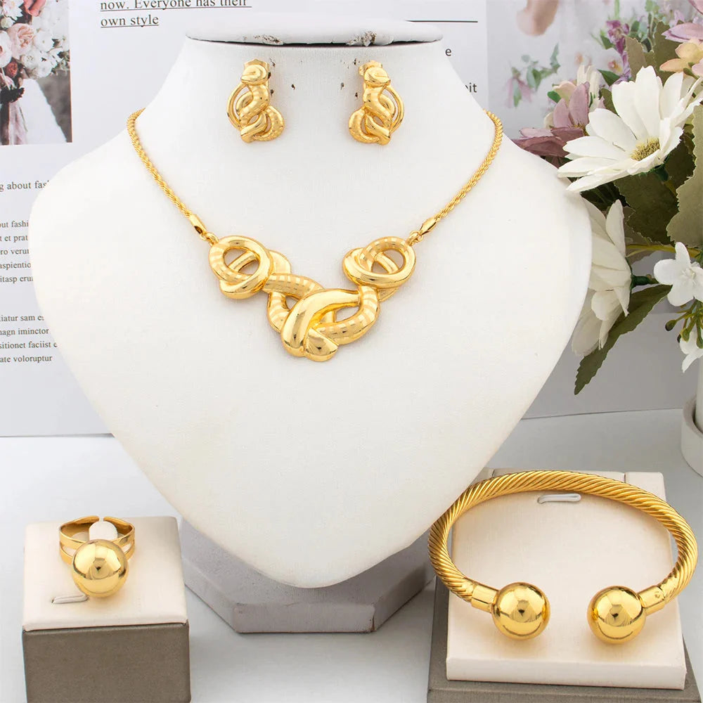Exquisite Fashion Jewelry Set for Women Arab Gold Color Luxury Necklace Earrings Bangle Ring Set Weddings Dubai Party Daily Wear