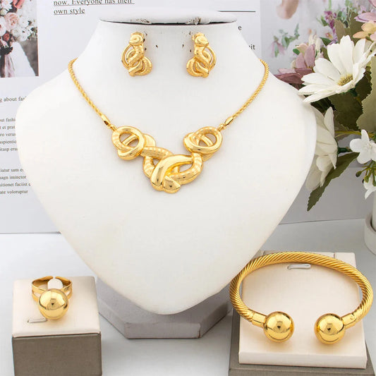 Exquisite Fashion Jewelry Set for Women Arab Gold Color Luxury Necklace Earrings Bangle Ring Set Weddings Dubai Party Daily Wear