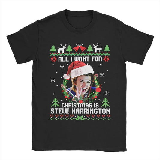 Men T-Shirts Steve Harrington Fun Cotton Tees Short Sleeve Christmas T Shirt Crewneck Clothes Graphic Printed