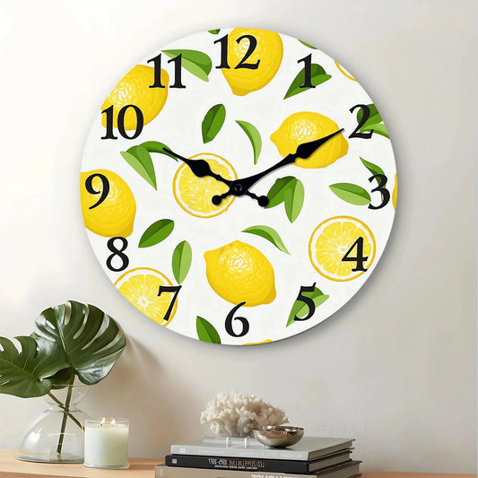 1pc wooden wall clock, yellow lemon and green leaf design wall clock, family mute clock, living room bedroom study decoration