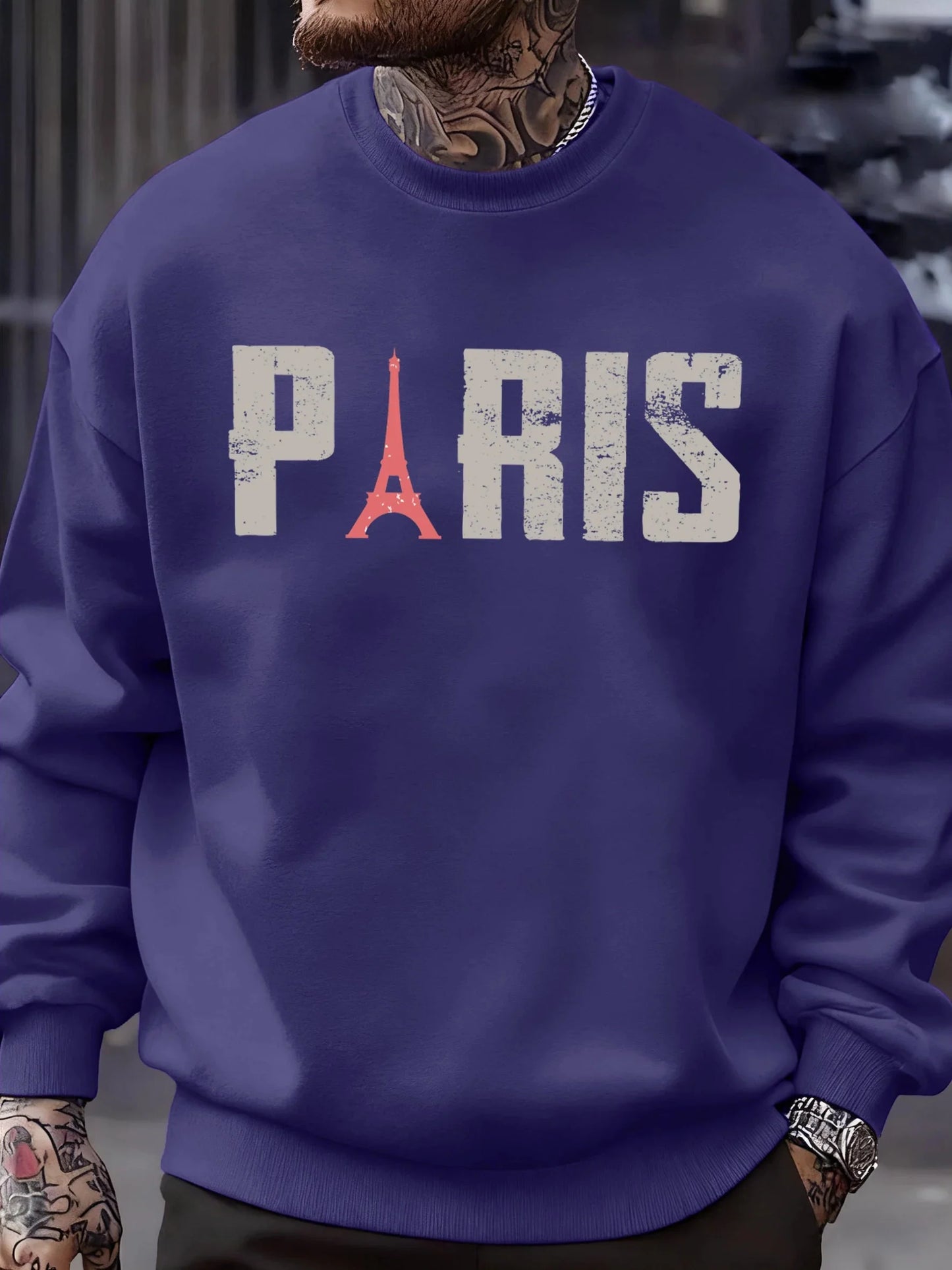 Famous Paris Tower Pattern Sweatshirt Men O-Neck Clothes Autumn Fleece Retro Pullover Loose Unisex Colour Fashion Streetwear