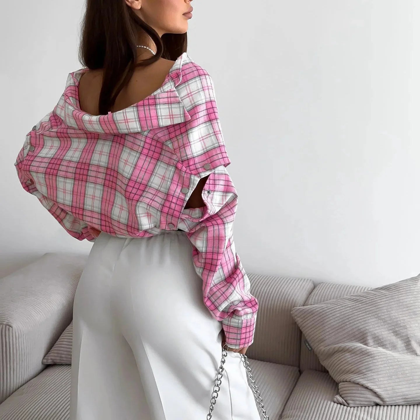 Pink Plaid Shirt for Women in Europe and America New Versatile Loose Shirt for Women Removable Long-sleeved Lapel Top