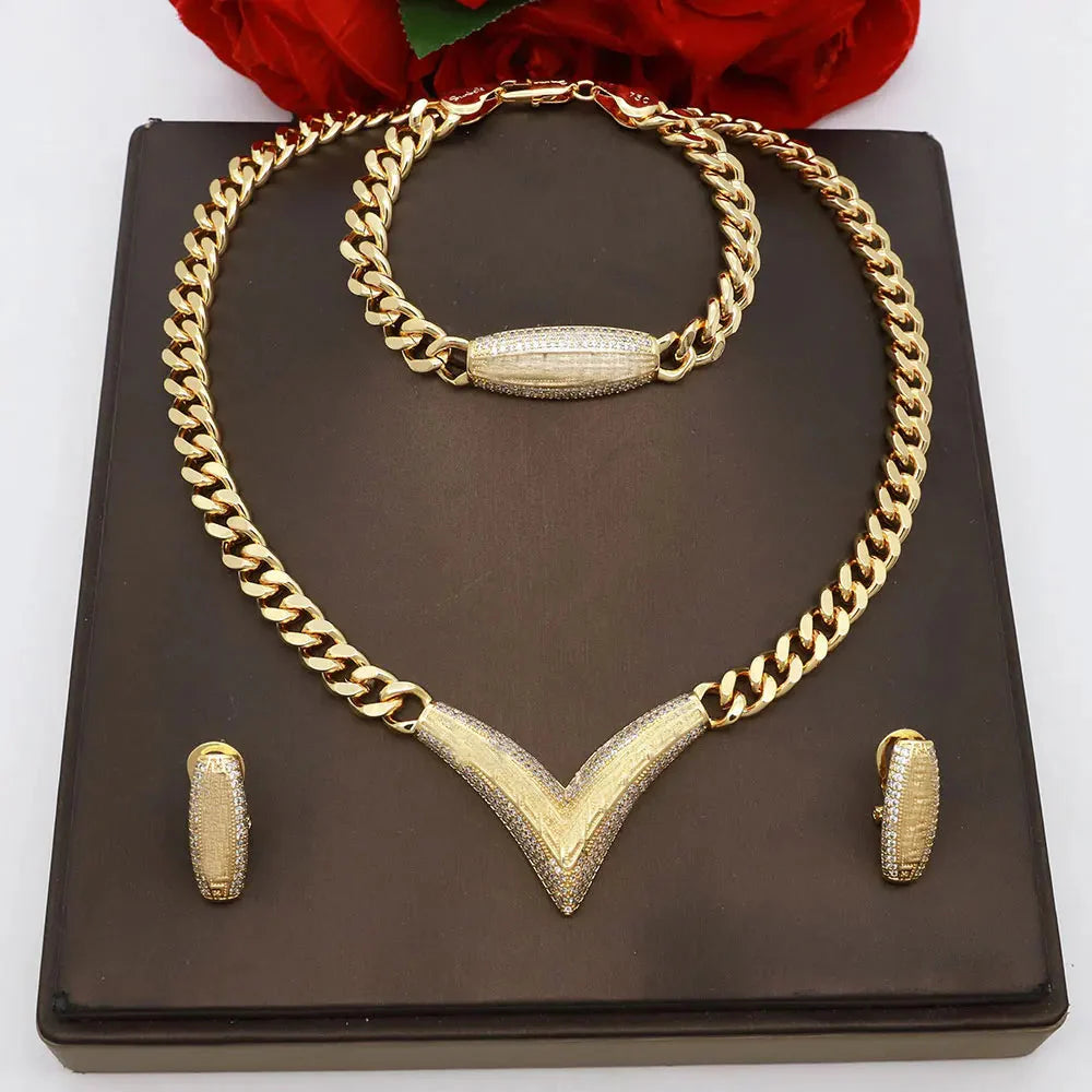 Dubai Vintage Jewelry Sets For Women Luxury Design Shiny Zircon Gold Plated Necklace Earring Bangle Wedding Party Accessories