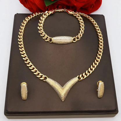 Dubai Vintage Jewelry Sets For Women Luxury Design Shiny Zircon Gold Plated Necklace Earring Bangle Wedding Party Accessories