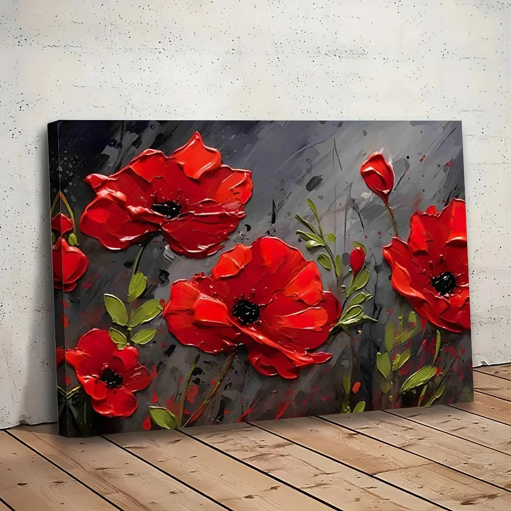 Contemporary Red Poppies Canvas Painting, Framed 11.8x15.7in, Meadow Wall Art, Ready to Hang Home Decor - Anniversary Gift