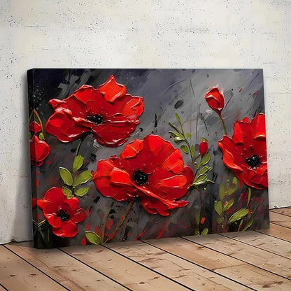 Contemporary Red Poppies Canvas Painting, Framed 11.8x15.7in, Meadow Wall Art, Ready to Hang Home Decor - Anniversary Gift