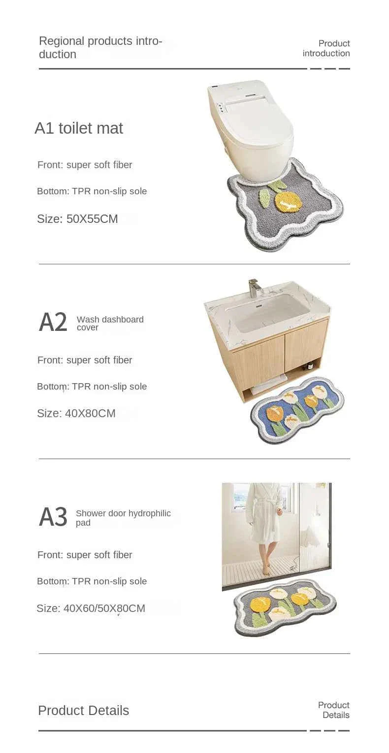 Bathroom Non-slip Mat 3-piece Set Modern Minimalist Flower Absorbent Floor Mat Thickened Bathroom Door Mat High Quality Bath Mat