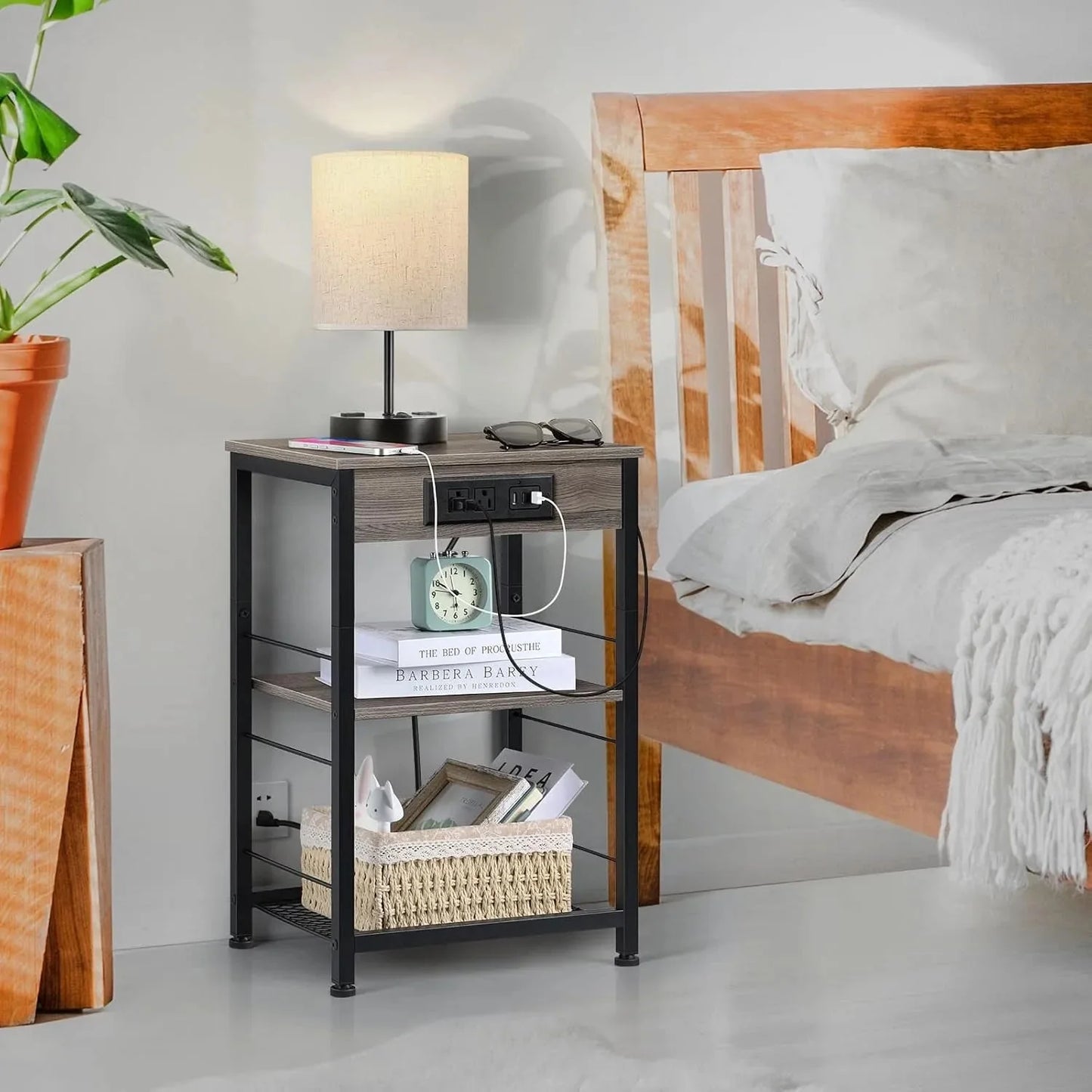 3-Tier Nightstand w/ Charging Station - 2 Pcs Grey Bedside Table w/ USB Ports & Storage Shelf for Bedroom
