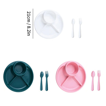 Reusable Round Plastic Divided Dinner Plate With Fork Spoon Salad Plate Dishes Student Kid Food Plate Dishwasher&Microwave Safe