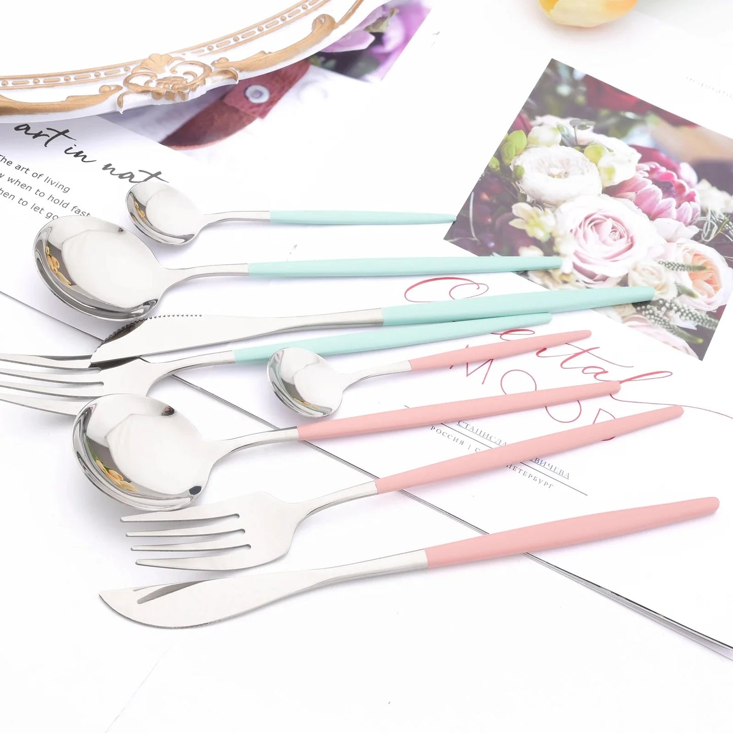 Western Purple Silver Tableware New Dinnerware Set 4Pcs Stainless Steel Kitchen Knife Fork Spoon Complete Cutlery Flatware Set