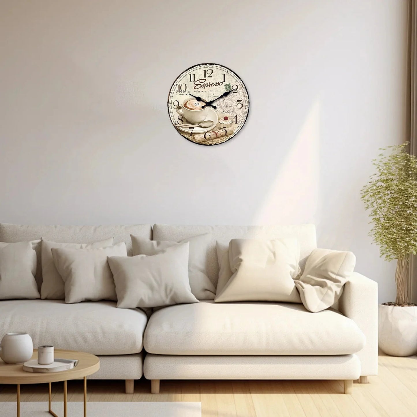 European Retro Coffee Cup Pattern Wooden Wall Clock for Living Room, Bedroom, Kitchen, Home Decoration, Silent Quartz Clock, Holiday Gift, 10 Inches, 12 Inches (No Battery)
