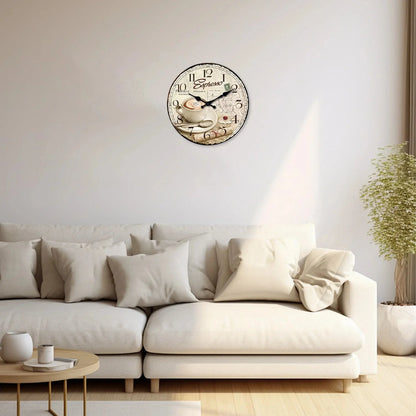 European Retro Coffee Cup Pattern Wooden Wall Clock for Living Room, Bedroom, Kitchen, Home Decoration, Silent Quartz Clock, Holiday Gift, 10 Inches, 12 Inches (No Battery)