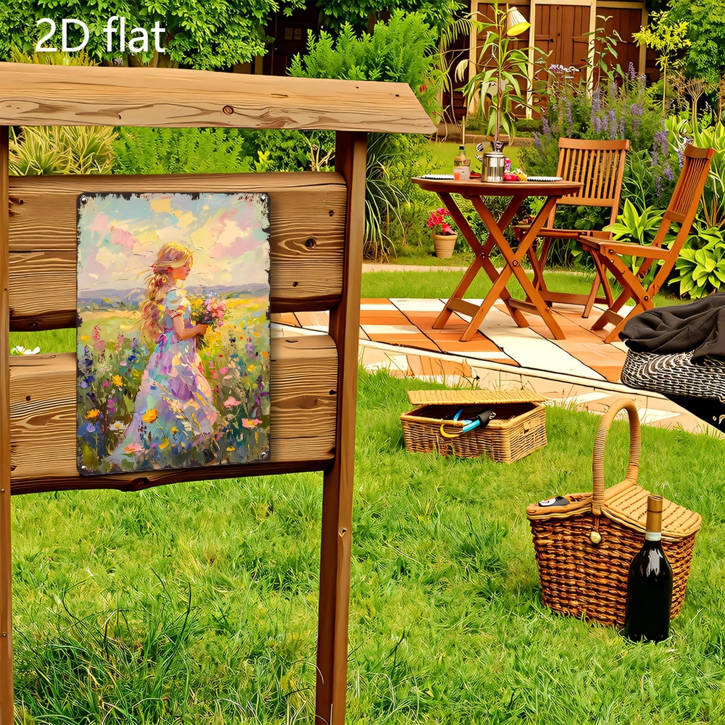 Vibrant Floral Scene 2D Flat Wall Art - Blonde Woman & Wildflowers Metal Sign, 8x12 Inch Indoor/Outdoor Decor