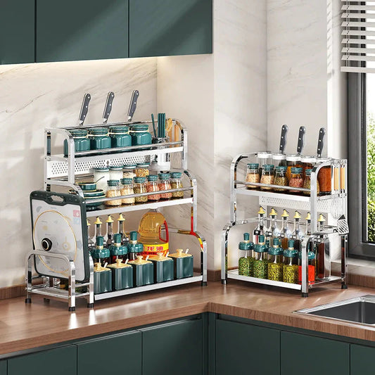 Stainless Steel Kitchen Storage Shelf Seasoning Jar Spice Storage Rack Chopsticks Knife Shelf Bar Organizer Kitchen Supplies