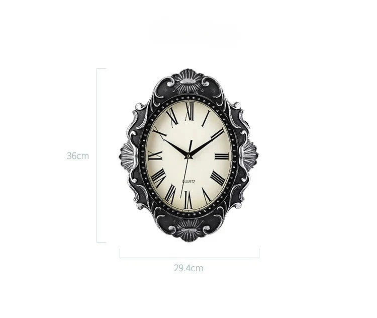 14" Vintage European Court elegance classical Style Wall Clock with Electroplated Black Gold/Silver & Roman Numerals for bedroom