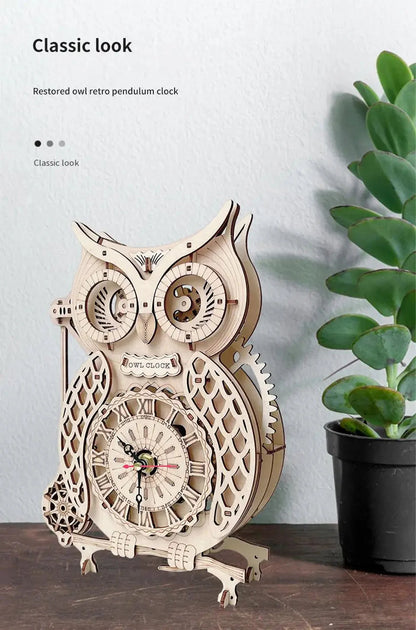 Wooden Puzzle 3D Owl Clock Model Building Kits Creative DIY Wall Clock Mechanical Retro Pendulum Clock Assembly Toy for Adults