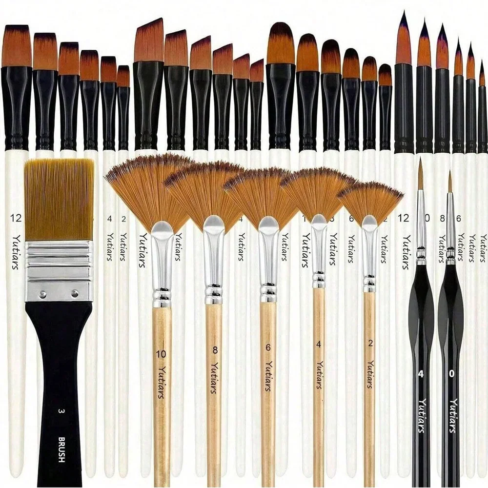 32-Piece Deluxe Multi-Purpose Art Paintbrush Set, Professional Fine Artist Wood Handle Brushes for Acrylic, Oil, Watercolor Pain