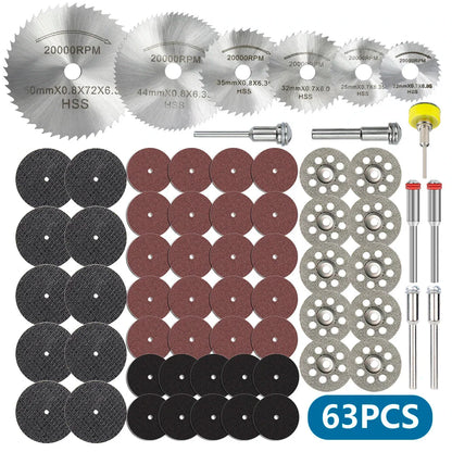 XCAN 63pcs Cutting Wheel Set Mini HSS Saw Blade,Diamond Saw Blade,Metal Cut off Disc  Drill 1/8" Mandrel for Dremel Rotary Tool