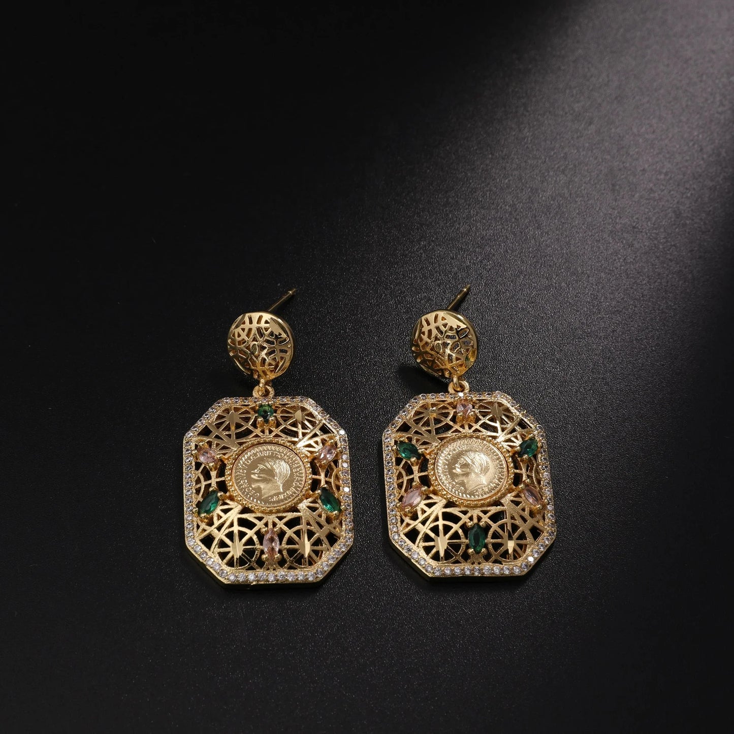 Women's Jewelry Set Dubai Nigerian Kuwaiti Bridal 24k Gold Plated Spinel Zirconia Human Head Ancient Coin Earrings Necklace Rin