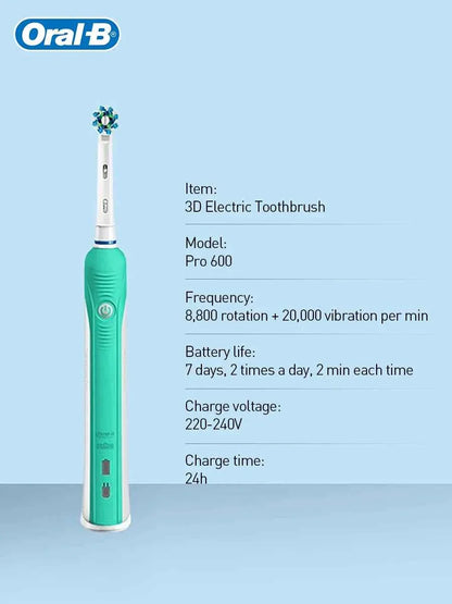 Oral B Pro600 Electric Toothbrush Rotation Oral Cleaning Teeth Whitening Cleaner Brush  2 Mins Timer Rechargeable Toothbrush