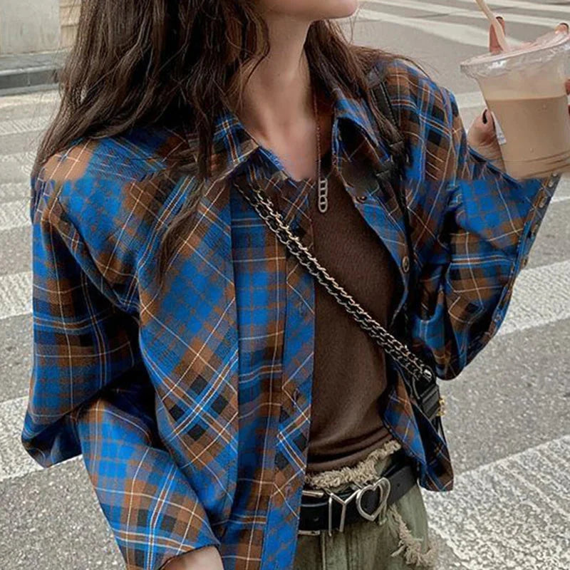 Checkered shirt women's 2024 spring new design sense niche French chic long sleeved shirt  retro top  womens tops