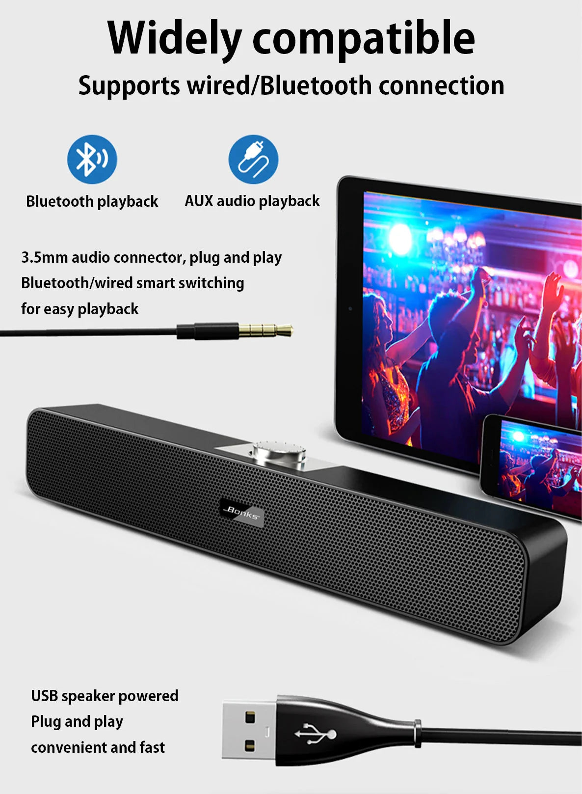 B Computer Speakers with 3.5 mm Aux, Small PC Speakers Powered by USB, USB Soundbar for Monitor，Wired USB Desktop Speaker,
