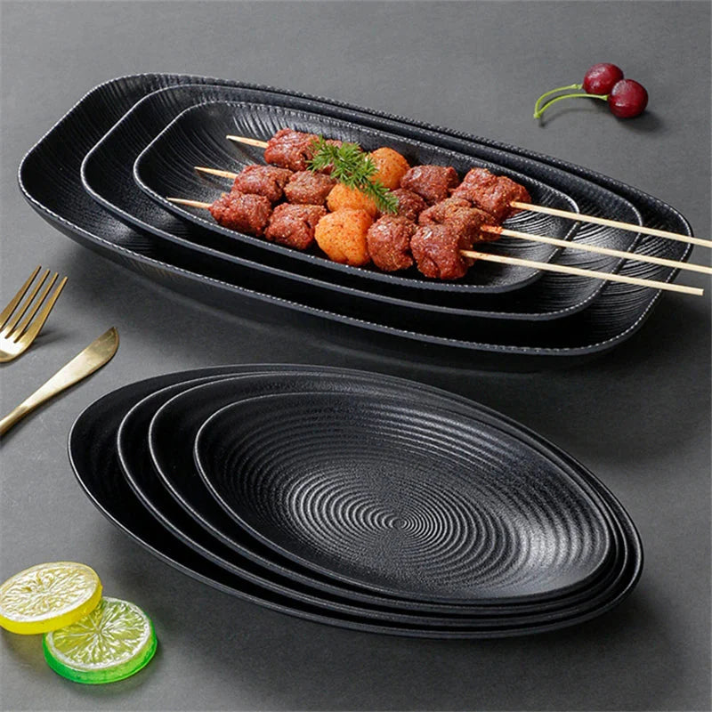 Pretty Black Melamine Plates Steak Barbecue Trays for Meal Vegetables Fruit Western Dinner Dishes Beautiful Tableware Decoration