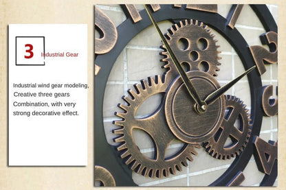 Vintage Style Industrial Wall Clock with Roman Numerals Visible 3D Gears 11"-17" Gold or Silver