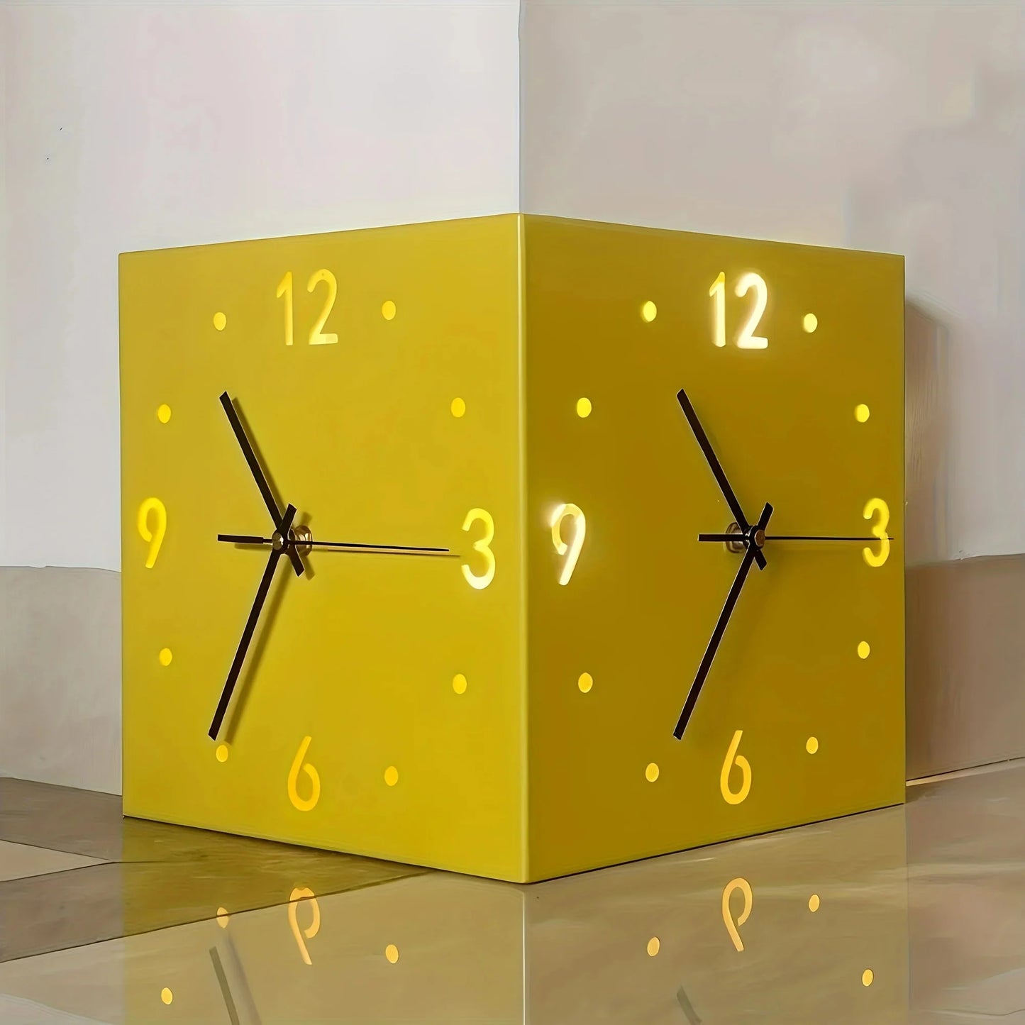 Ivory Corner Wrapping Double Sided Luminous w/ Light Sensor 16" Modern Wall Clock
