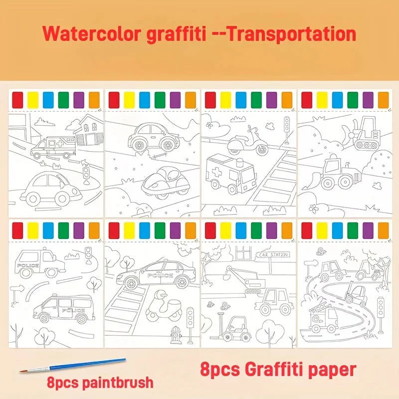 A Set of Art Tools, Including 8 Pieces of Art Paper, 8 Brushes,and 6 Colors of Paint,Suitable for Students and DIY Handmade Sets