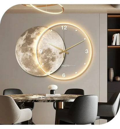 Large Wall Clock Luxury Dining Room Living Room Moon The Earth Modelling LED Light Silent Movement Bedroom Clock Wall Decoration