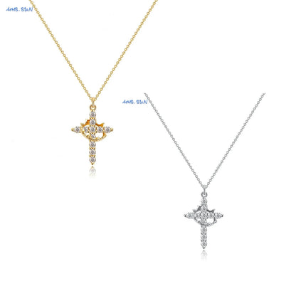 SUNSLL Cubic Zircon Rotatable Crown Cross Pendant Necklaces Classic Stainless Steel Chain Banquet Party Jewelry For Women Men