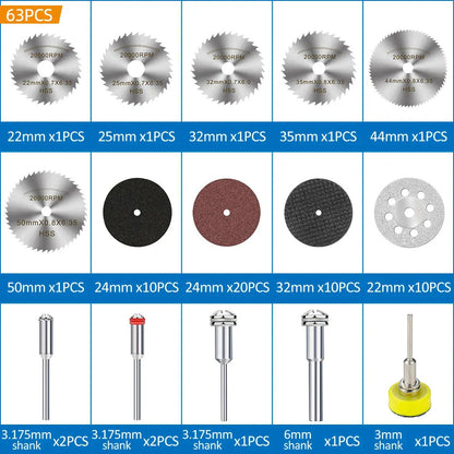 XCAN 63pcs Cutting Wheel Set Mini HSS Saw Blade,Diamond Saw Blade,Metal Cut off Disc  Drill 1/8" Mandrel for Dremel Rotary Tool