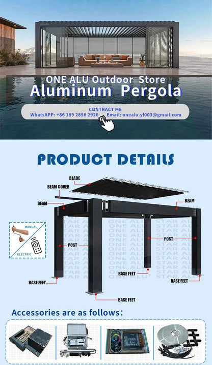 Bioclimatic Aluminum  Pergola 3x4m/10x13ft Manual flip louvered roof with  roller blinds  gazebo canopy carport garden