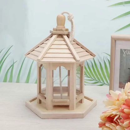 Bird House Ornaments House Shape Bird Feeder House Hanging Wooden Pet Feeder Box Bird Food Dispenser Balcony