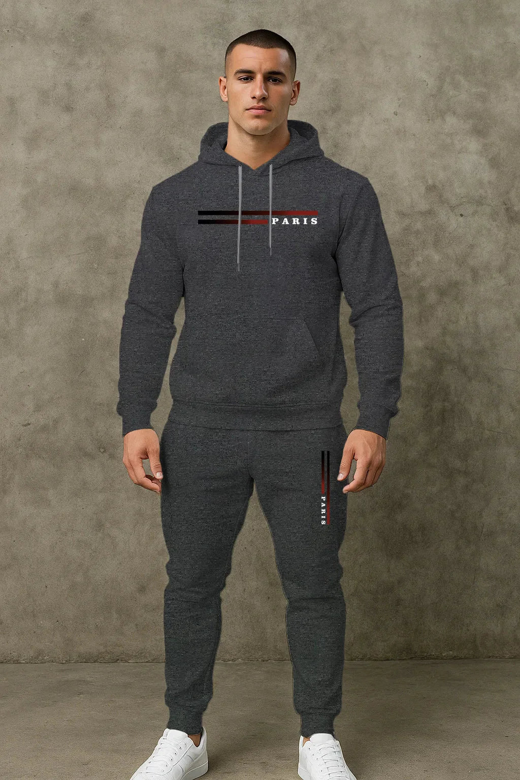 Men's Classic Personalized Fashion Paris Alphabet Stripe Printed Machine Washable Hooded Sweatshirt and Pants Casual Sports Set