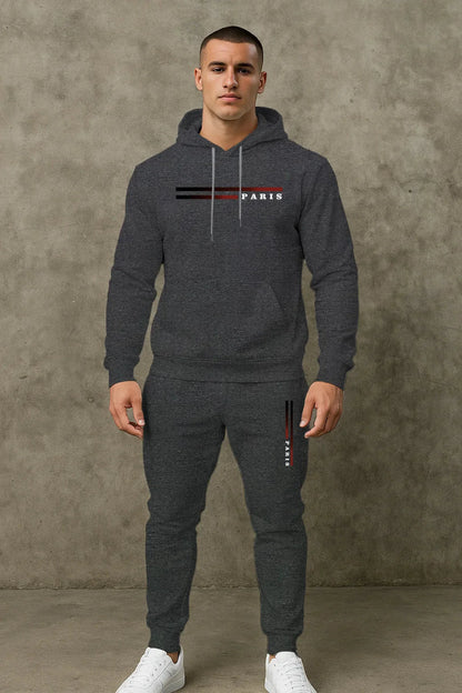 Men's Classic Personalized Fashion Paris Alphabet Stripe Printed Machine Washable Hooded Sweatshirt and Pants Casual Sports Set