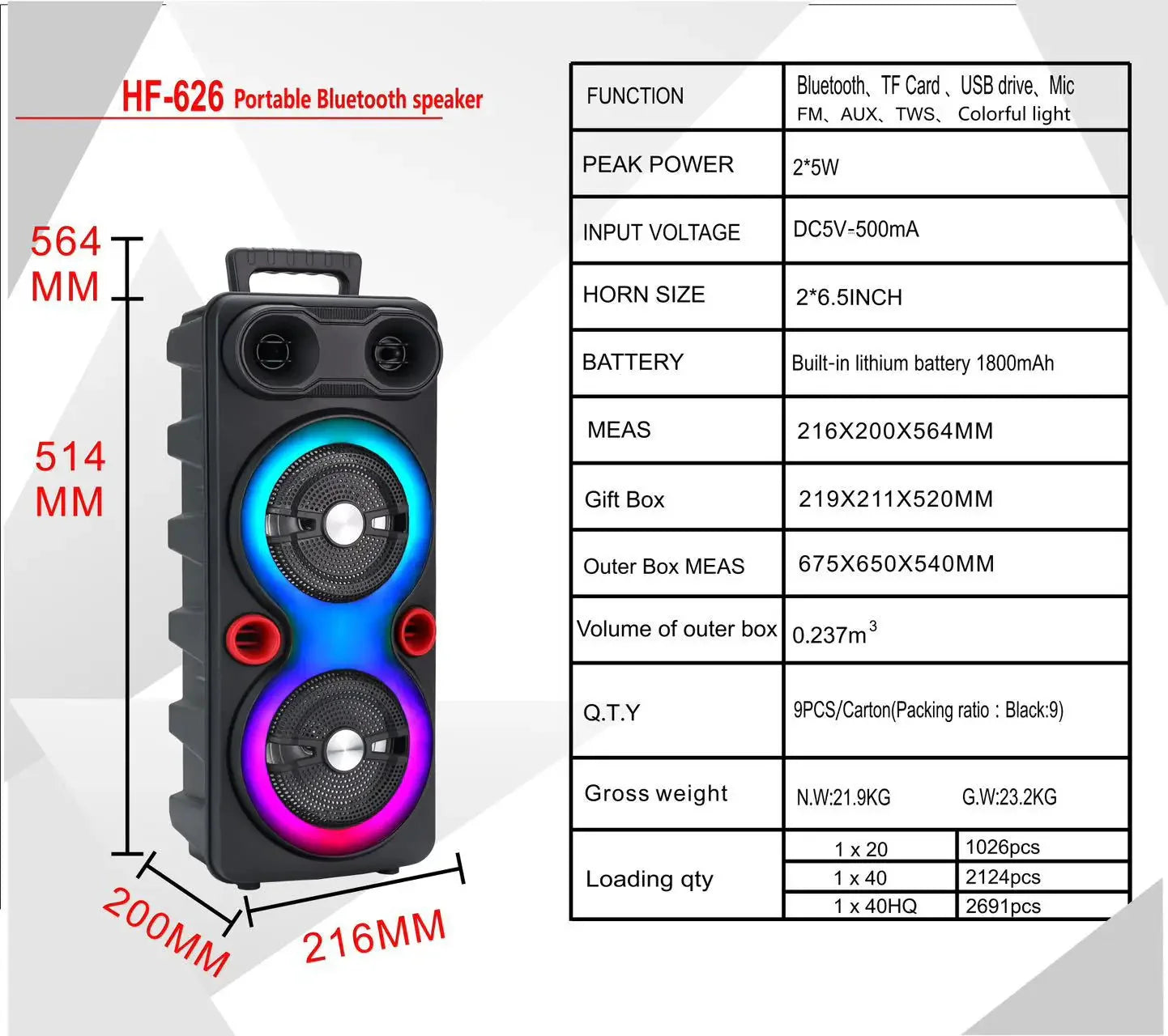 High Power Portable Karaoke Partybox Wireless Bluetooth Dual Speakers Outdooor Heavy Bass Subwoofer 6.5-inch Soundbar
