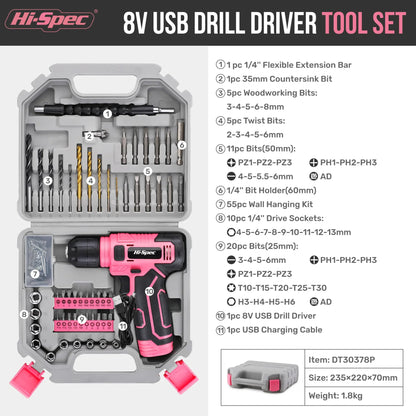 Hi-Spec 92-Piece Pink Home Tool Box Set, Multi-Function Hand Repair Kit with Hammer Cordless Power Drill Combo for Household DIY
